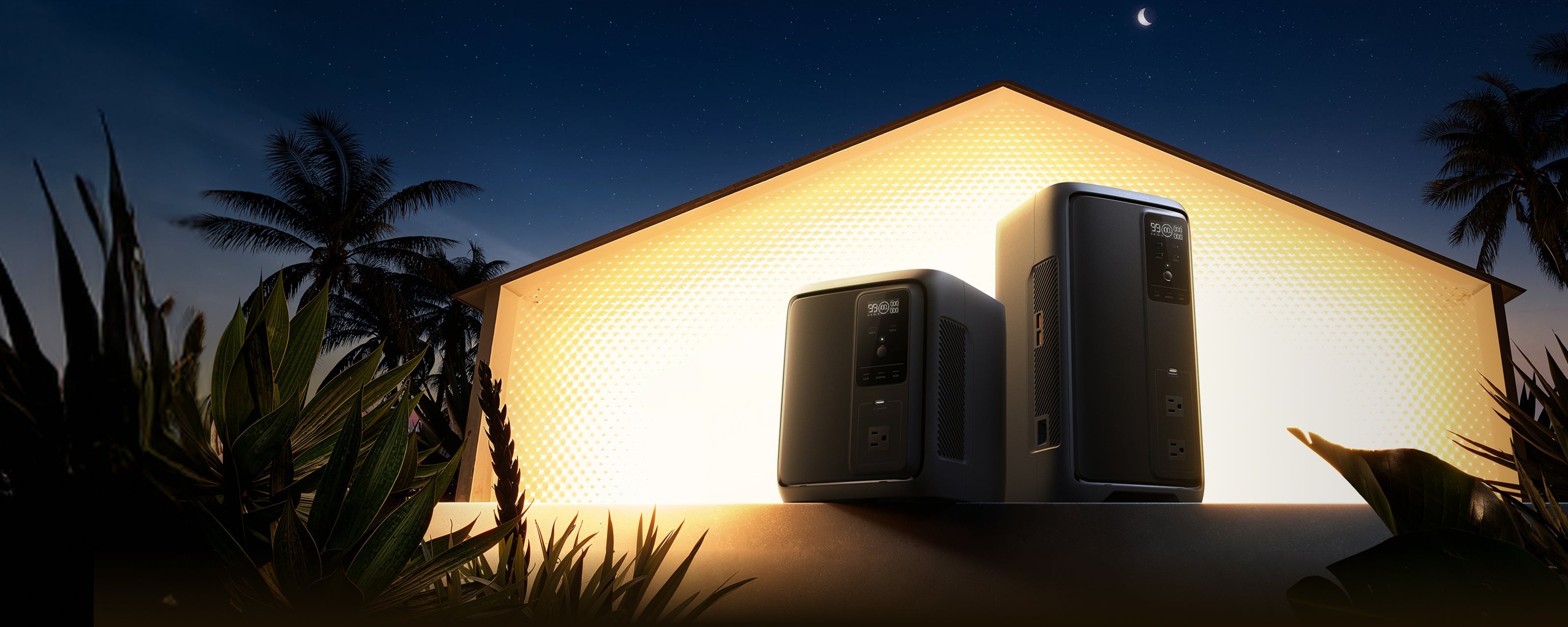 Estaciones EcoFlow Serie DELTA 3 respaldando una casa durante un apagón nocturno